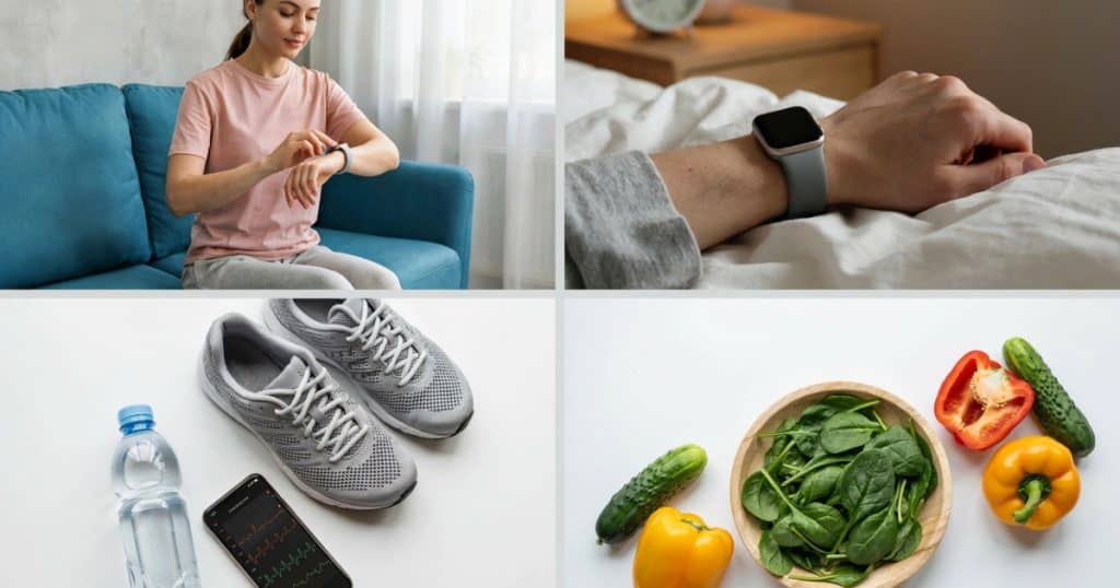 Persoon controleert hartslag met smartwatch voor gezondheid.